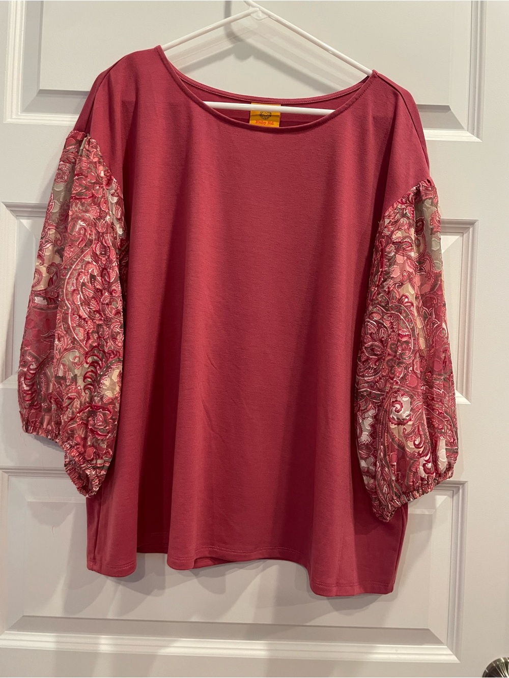 Ruby Rd. Rose-Pink Tunic with Paisley Sheer Balloon Sleeves
